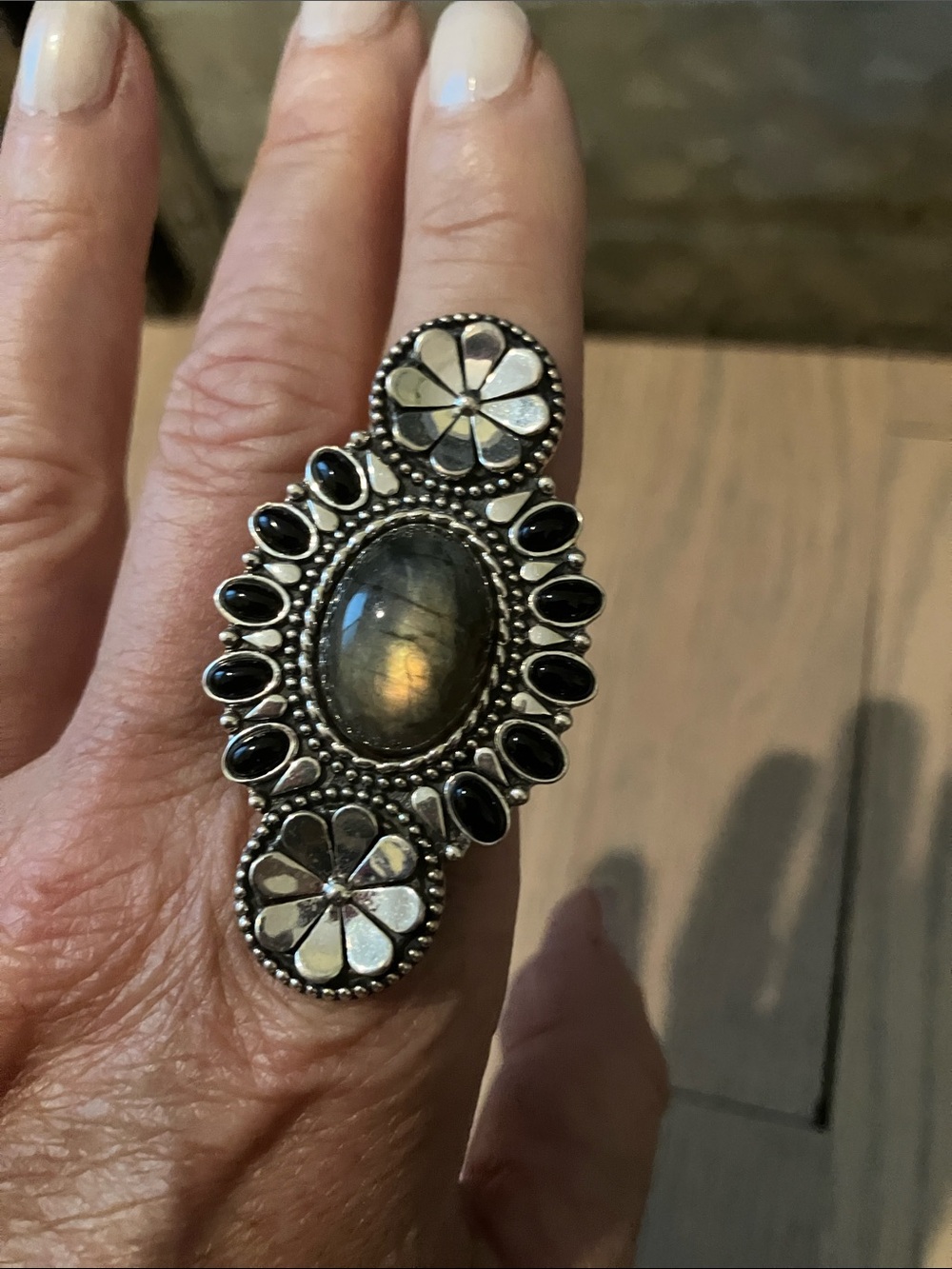 Labradorite Floral Statement Ring in Silver Tone - Black Accent